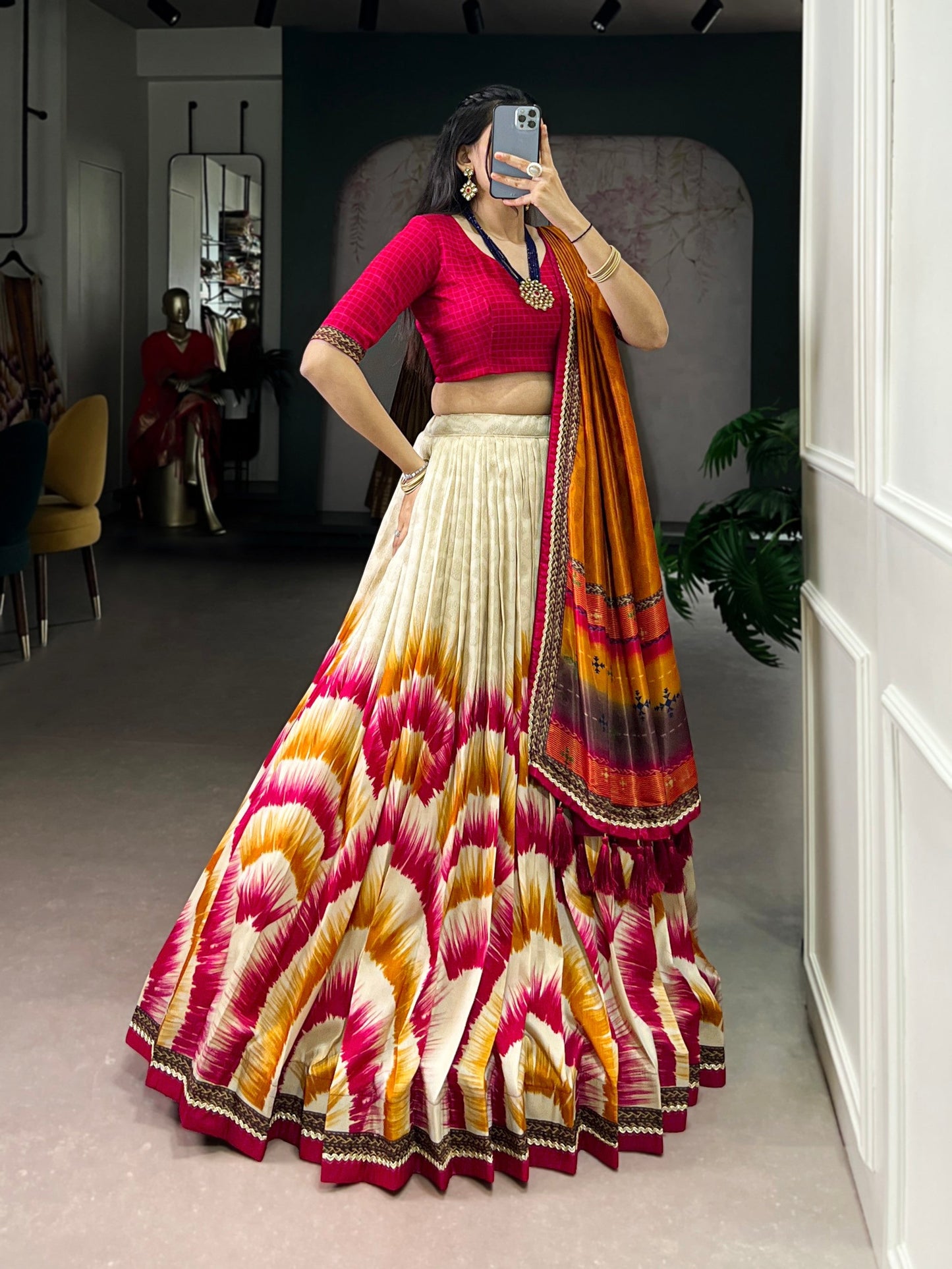 Lorenvalley Fashion Multicolor Tasar Silk Tie and Dye Print with Lace Touch Up Lehenga Choli with Dupatta - Swadesiicart