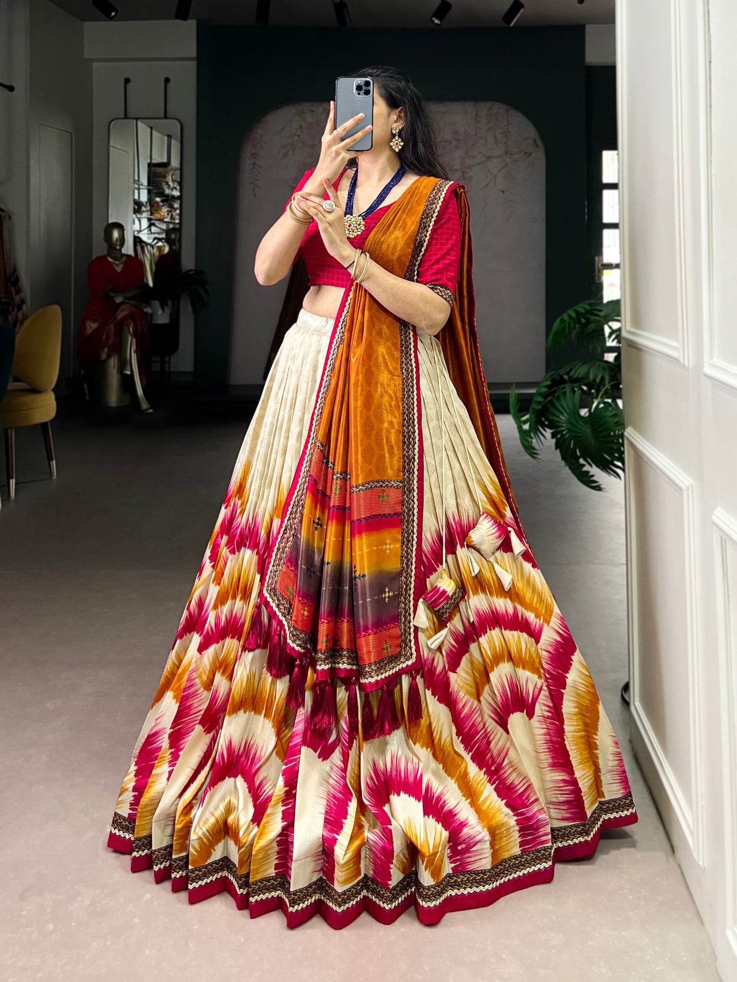 Lorenvalley Fashion Multicolor Tasar Silk Tie and Dye Print with Lace Touch Up Lehenga Choli with Dupatta - Swadesiicart