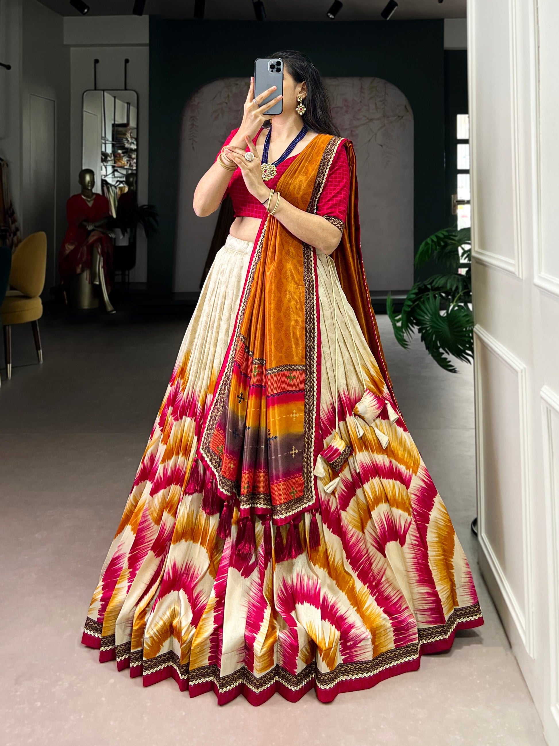 Lorenvalley Fashion Multicolor Tasar Silk Tie and Dye Print with Lace Touch Up Lehenga Choli with Dupatta - Swadesiicart