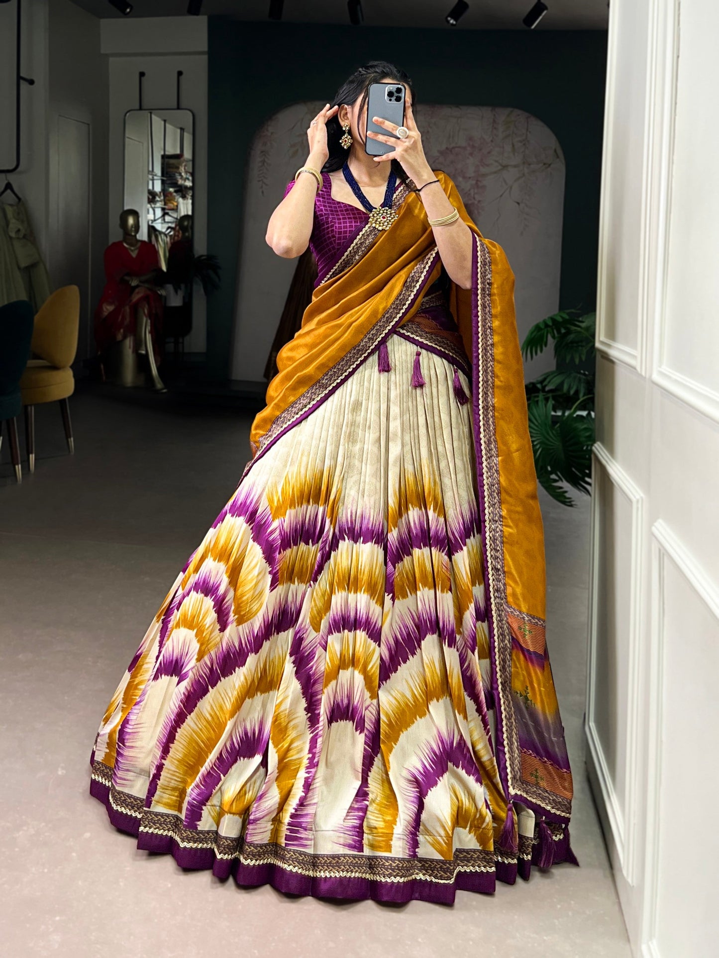 Lorenvalley Fashion Multicolor Tasar Silk Tie and Dye Print with Lace Touch Up Lehenga Choli with Dupatta - Swadesiicart