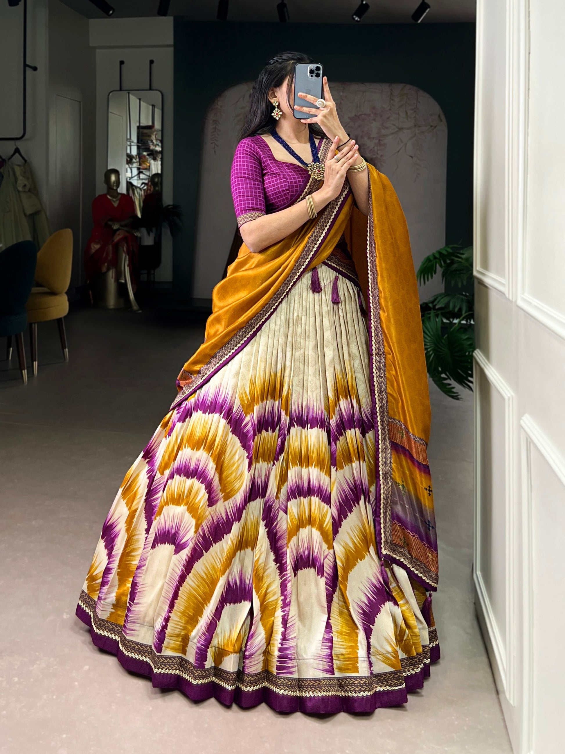 Lorenvalley Fashion Multicolor Tasar Silk Tie and Dye Print with Lace Touch Up Lehenga Choli with Dupatta - Swadesiicart