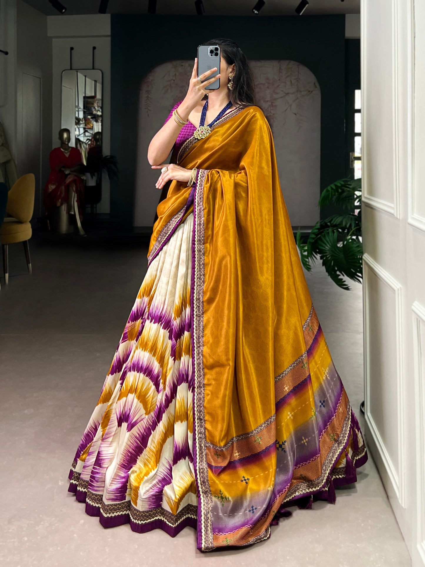 Lorenvalley Fashion Multicolor Tasar Silk Tie and Dye Print with Lace Touch Up Lehenga Choli with Dupatta - Swadesiicart