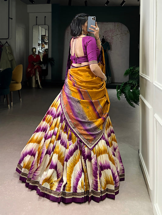 Lorenvalley Fashion Multicolor Tasar Silk Tie and Dye Print with Lace Touch Up Lehenga Choli with Dupatta - Swadesiicart