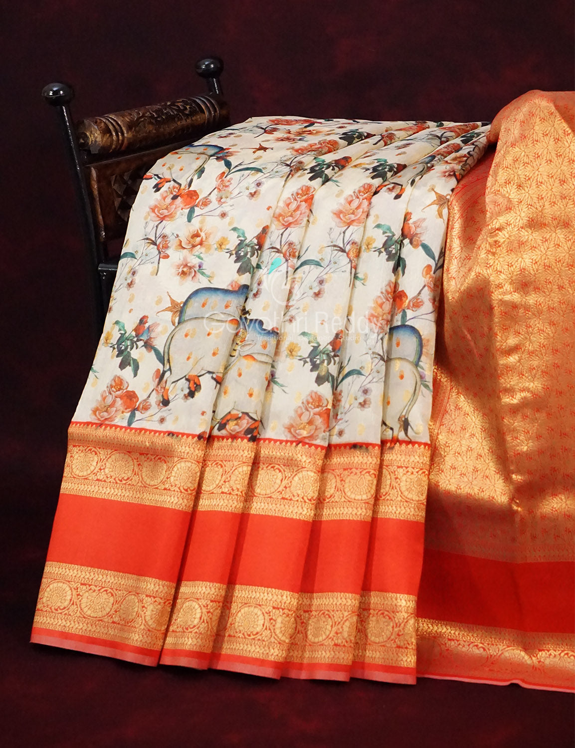 Off White Banaras Border Pichwai Design Banarasi Semi Silk Saree By Gayathri Reddy Designer Studio | Swadesiicart