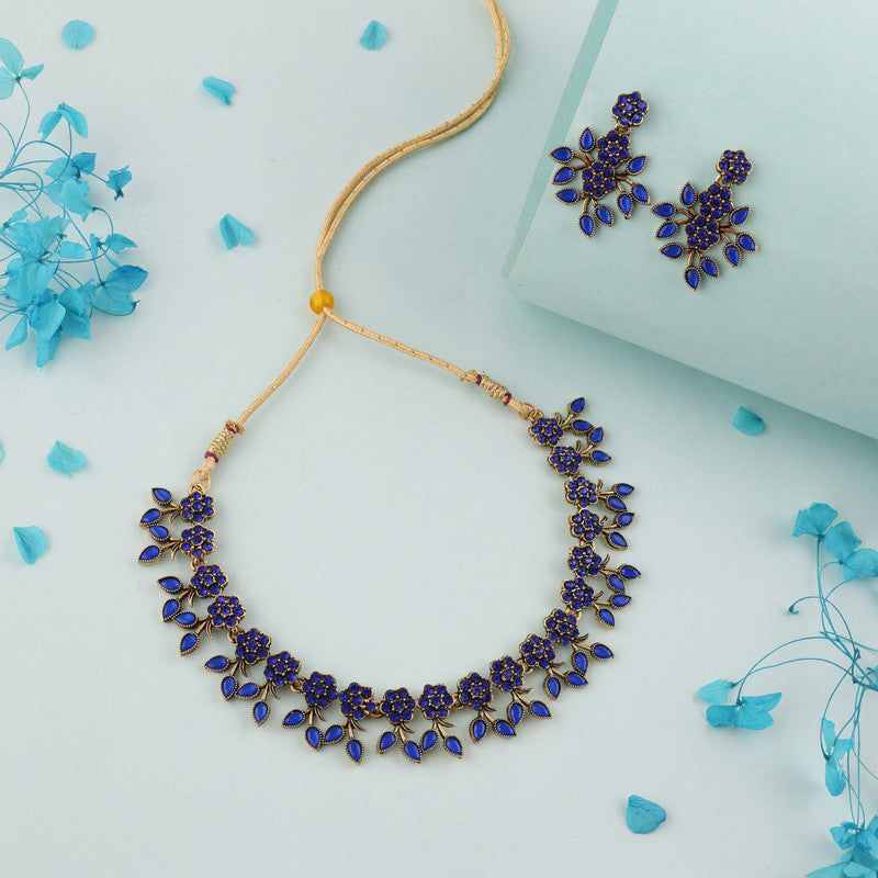 Tehzeeb Creations Royal Blue Pack of 1 Gold-Polished Choker Necklace Set With Earring For Women & Girls - Swadesiicart