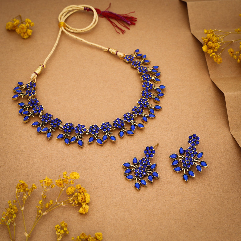 Tehzeeb Creations Royal Blue Pack of 1 Gold-Polished Choker Necklace Set With Earring For Women & Girls - Swadesiicart