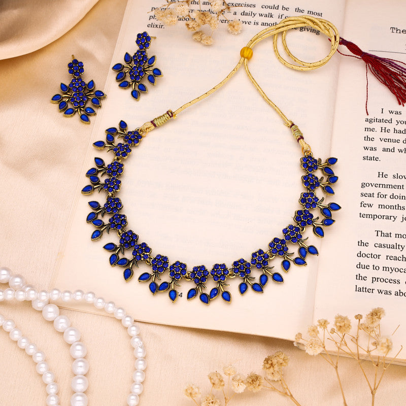Tehzeeb Creations Royal Blue Pack of 1 Gold-Polished Choker Necklace Set With Earring For Women & Girls - Swadesiicart