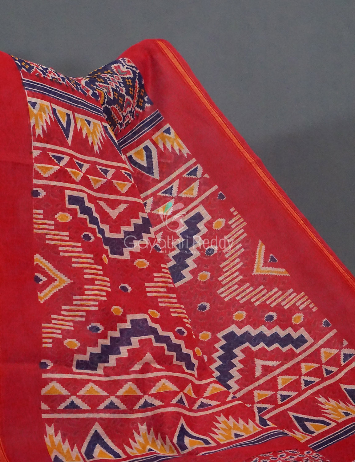 Navy Blue And Red Colour Patola Print Semi Chanderi Saree By Gayathri Reddy Designer Studio | Swadesiicart