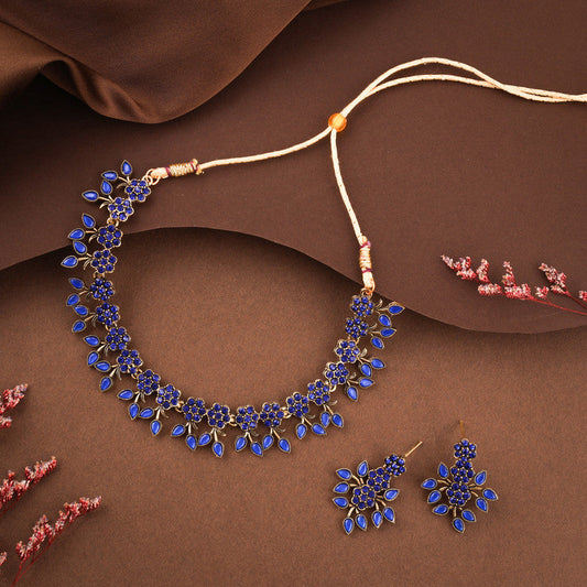 Tehzeeb Creations Royal Blue Pack of 1 Gold-Polished Choker Necklace Set With Earring For Women & Girls - Swadesiicart