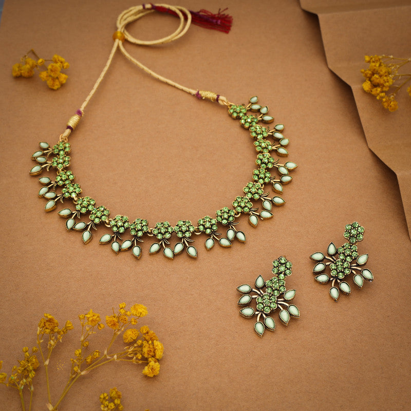 Tehzeeb Creations Sea Green Pack of 1 Gold-Polished Choker Necklace Set With Earring For Women & Girls - Swadesiicart