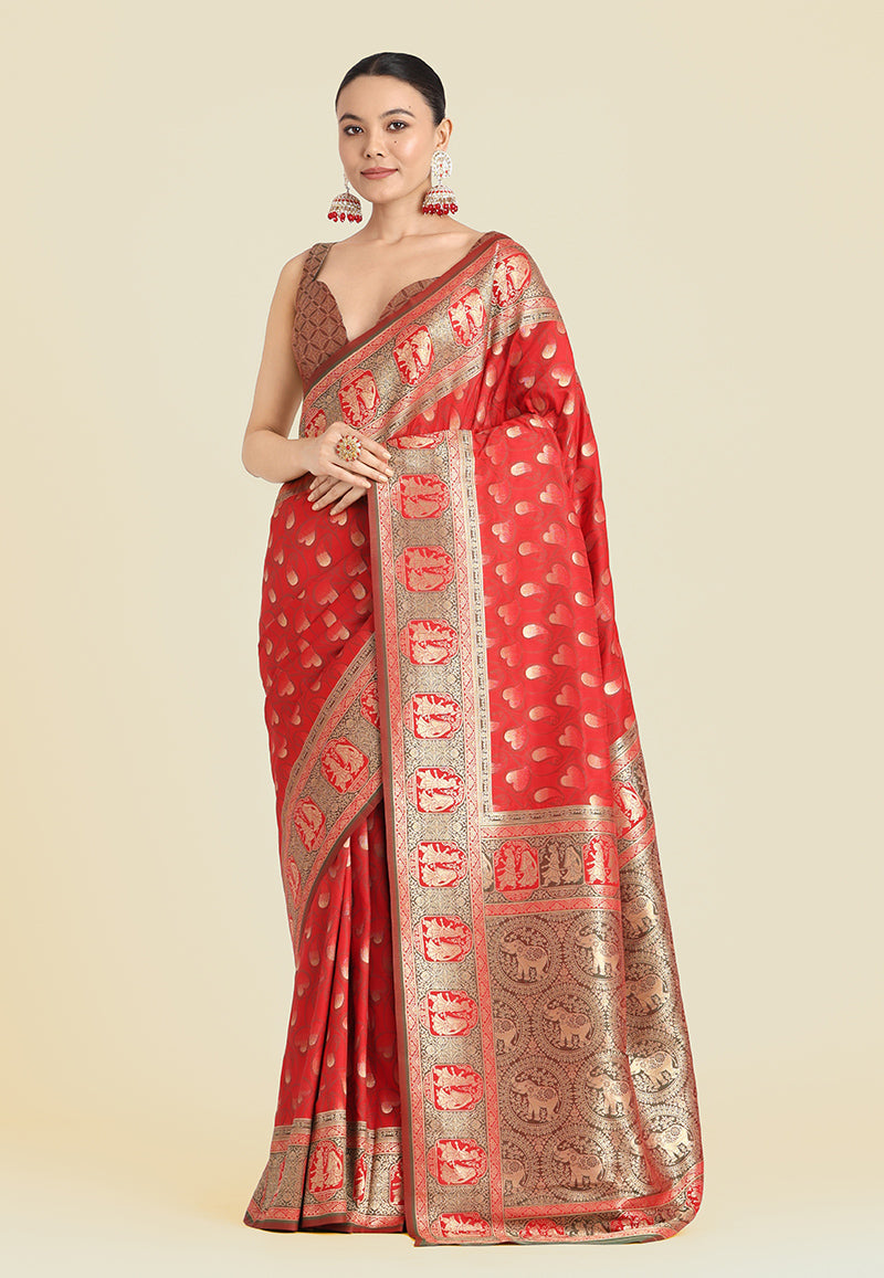 Monjolika Fashion Red Color Weaving Banarasi Silktraditional Saree | Swadesiicart