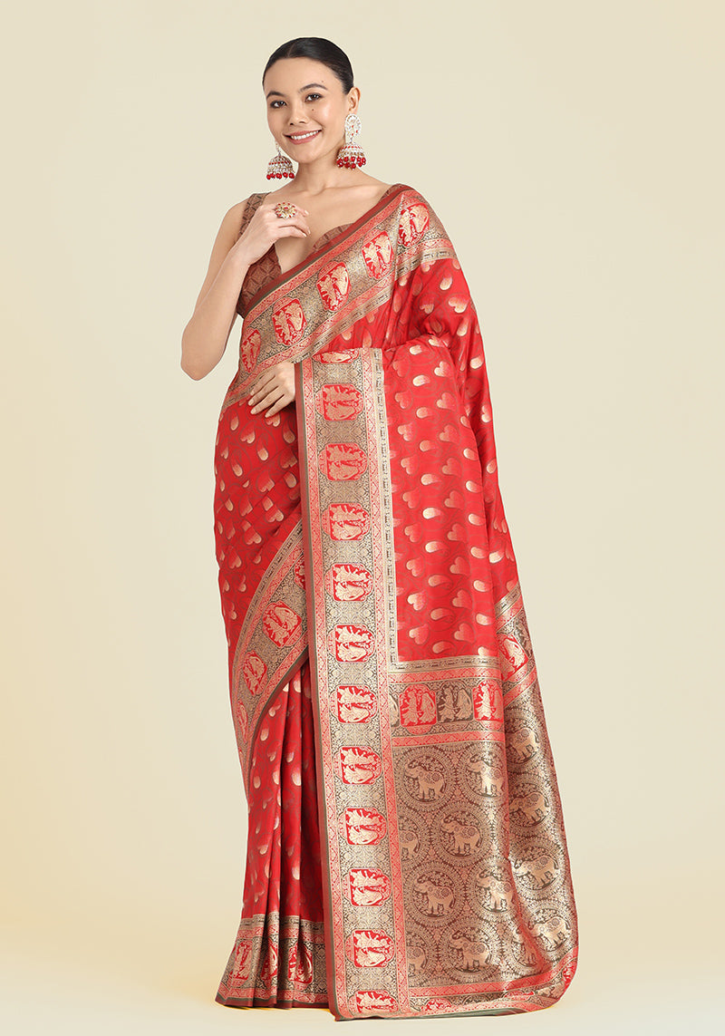 Monjolika Fashion Red Color Weaving Banarasi Silktraditional Saree | Swadesiicart