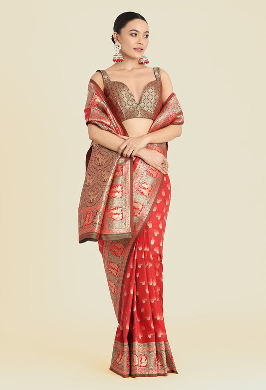 Monjolika Fashion Red Color Weaving Banarasi Silktraditional Saree | Swadesiicart