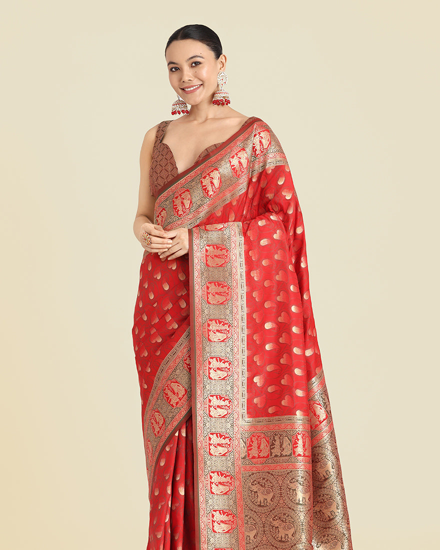 Monjolika Fashion Red Color Weaving Banarasi Silktraditional Saree | Swadesiicart