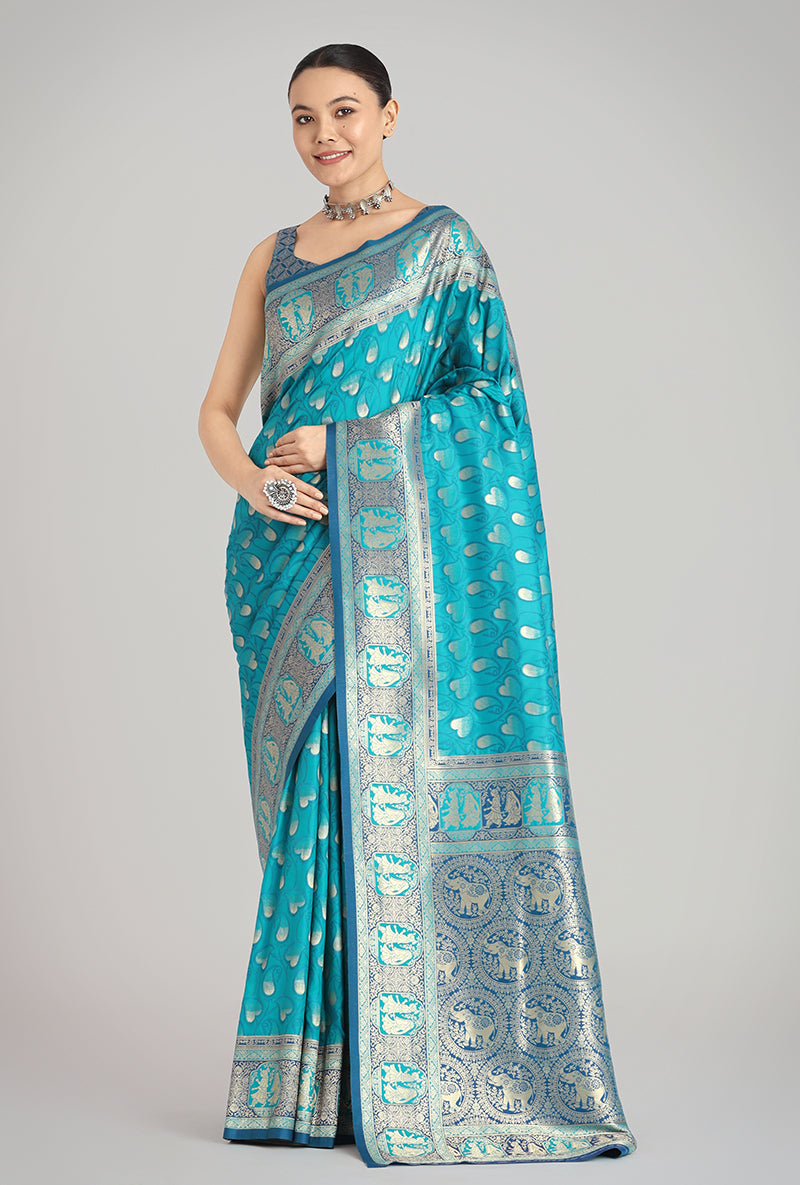 Monjolika Fashion Turquoise Blue Color Weaving Banarasi Silktraditional Saree | Swadesiicart