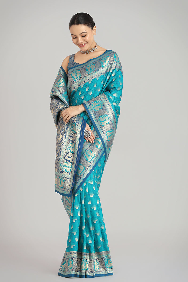 Monjolika Fashion Turquoise Blue Color Weaving Banarasi Silktraditional Saree | Swadesiicart