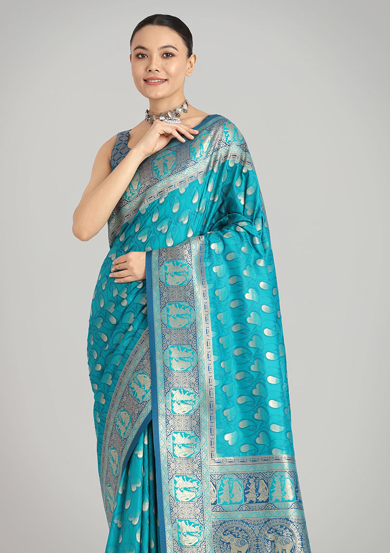 Monjolika Fashion Turquoise Blue Color Weaving Banarasi Silktraditional Saree | Swadesiicart