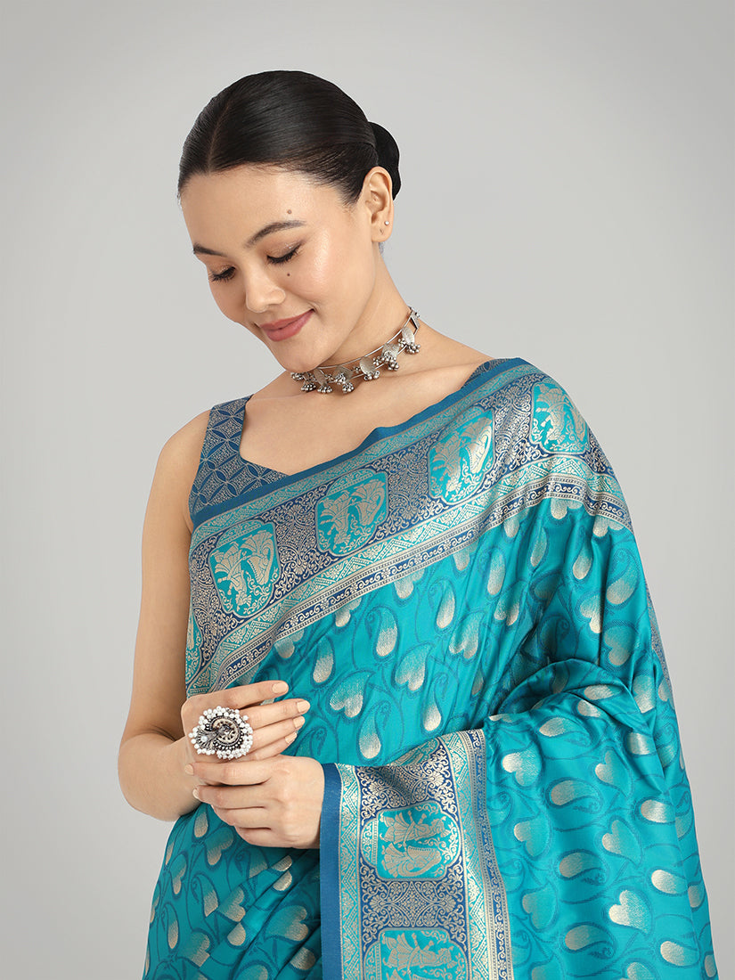 Monjolika Fashion Turquoise Blue Color Weaving Banarasi Silktraditional Saree | Swadesiicart