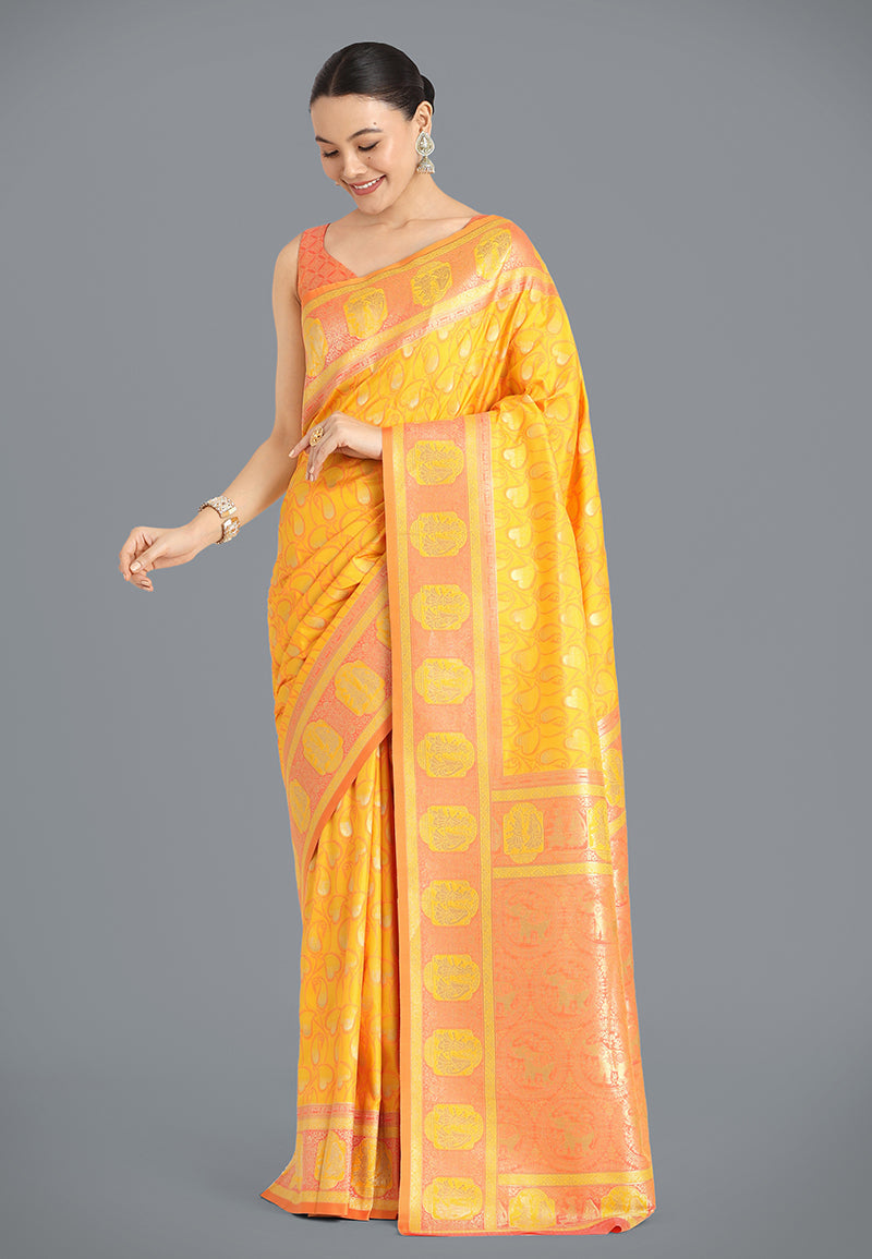 Monjolika Fashion Yellow Color Weaving Banarasi Silktraditional Saree | Swadesiicart