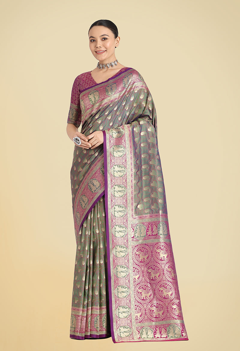 Monjolika Fashion Olive Green Color Weaving Banarasi Silktraditional Saree | Swadesiicart