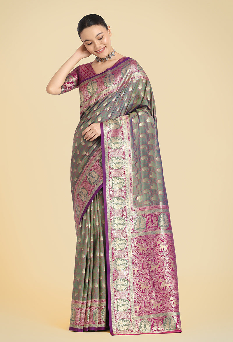 Monjolika Fashion Olive Green Color Weaving Banarasi Silktraditional Saree | Swadesiicart