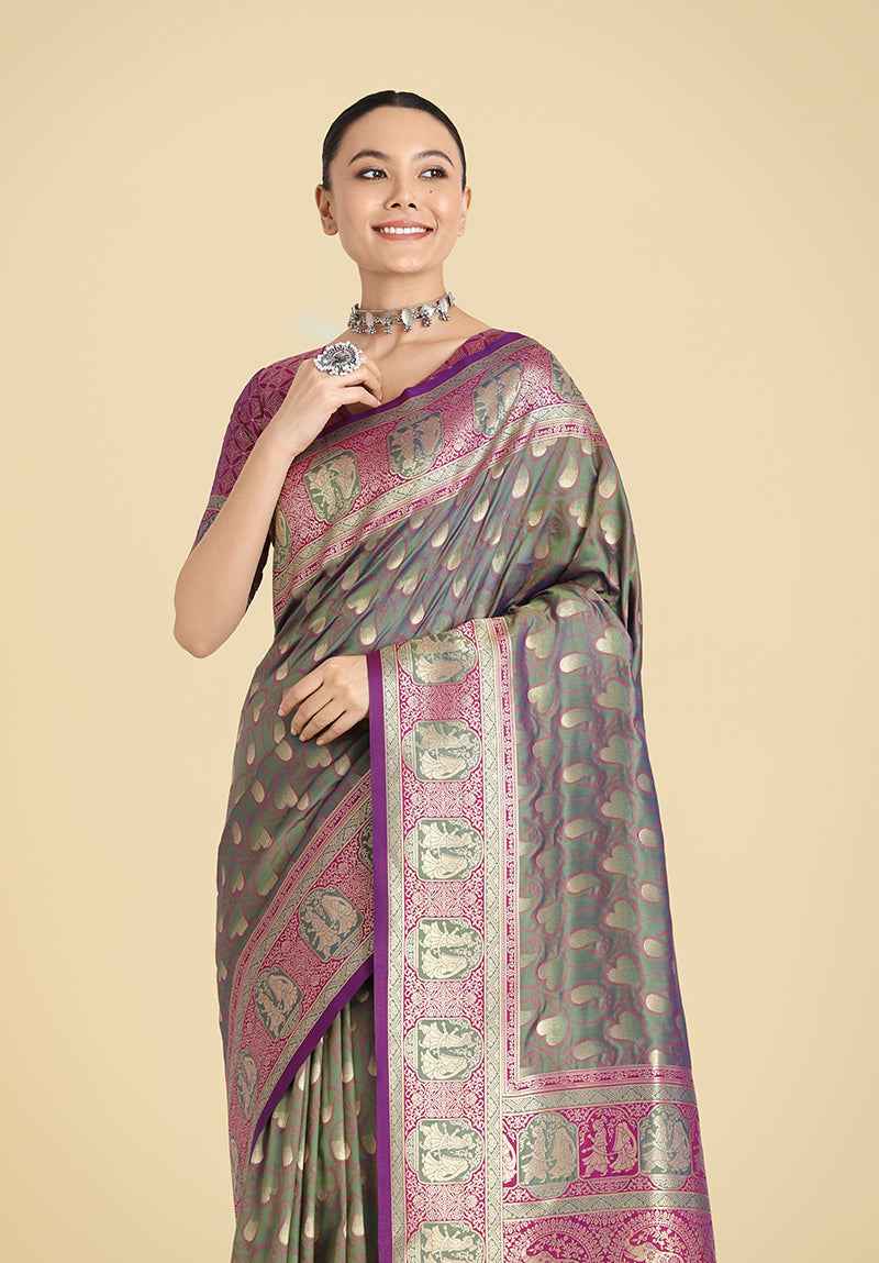 Monjolika Fashion Olive Green Color Weaving Banarasi Silktraditional Saree | Swadesiicart