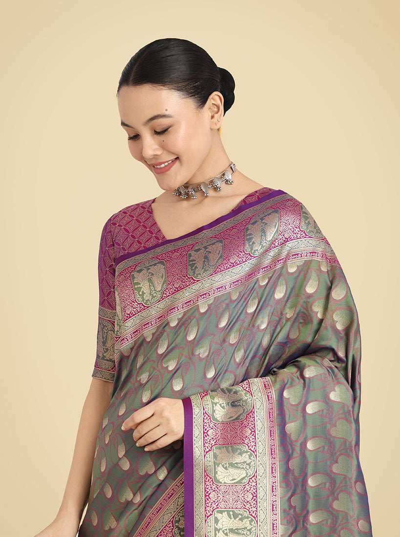 Monjolika Fashion Olive Green Color Weaving Banarasi Silktraditional Saree | Swadesiicart
