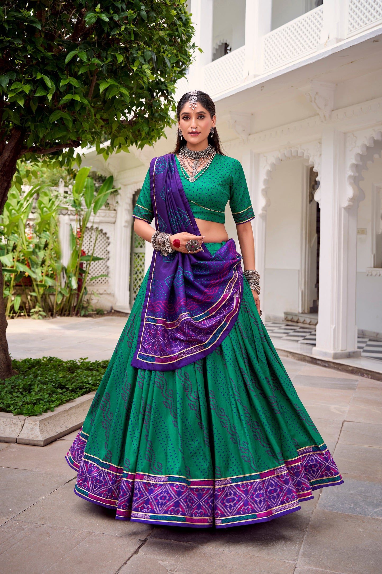 Lorenvalley Fashion Green Tasar Silk Bandhej Print With Gotta Patti Lace Touch Up Lehenga Choli with Dupatta - Swadesiicart