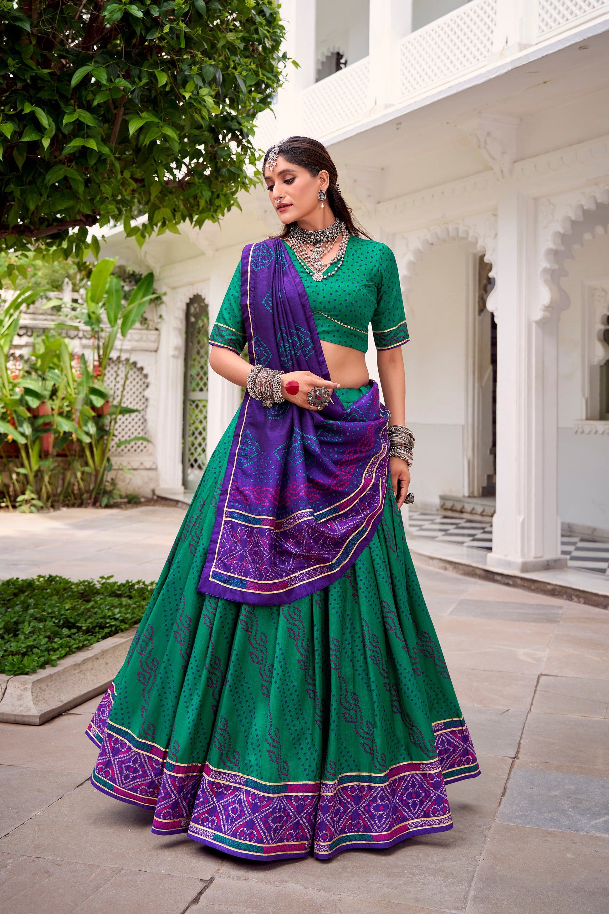 Lorenvalley Fashion Green Tasar Silk Bandhej Print With Gotta Patti Lace Touch Up Lehenga Choli with Dupatta - Swadesiicart