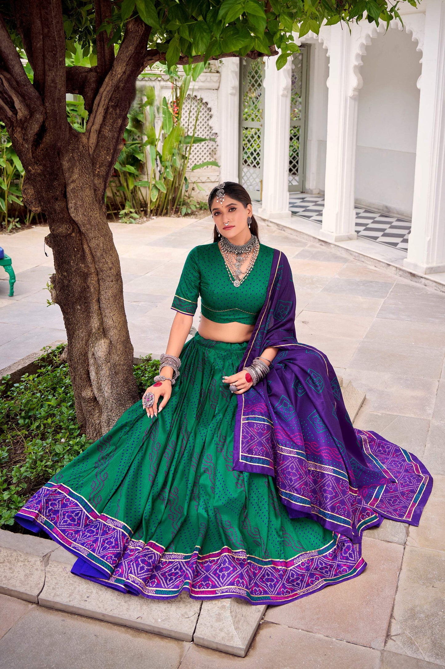 Lorenvalley Fashion Green Tasar Silk Bandhej Print With Gotta Patti Lace Touch Up Lehenga Choli with Dupatta - Swadesiicart