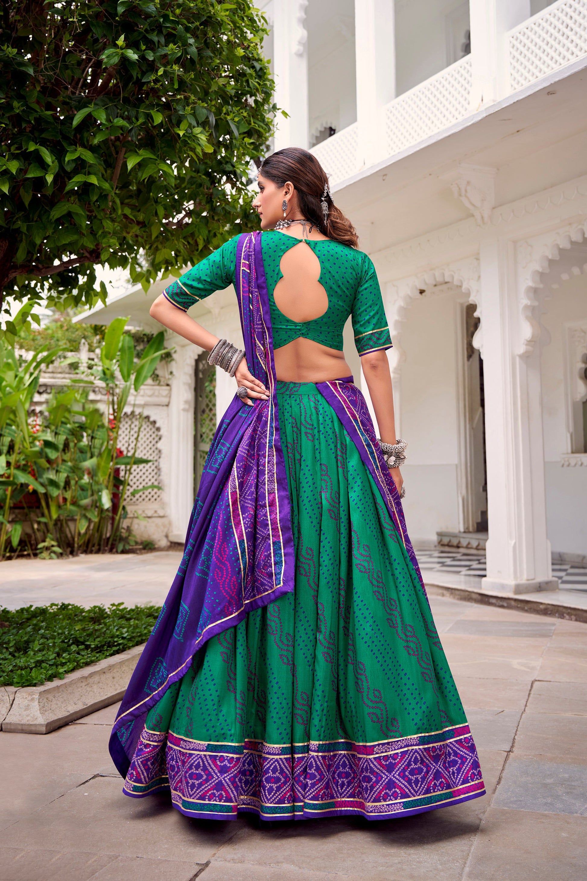 Lorenvalley Fashion Green Tasar Silk Bandhej Print With Gotta Patti Lace Touch Up Lehenga Choli with Dupatta - Swadesiicart