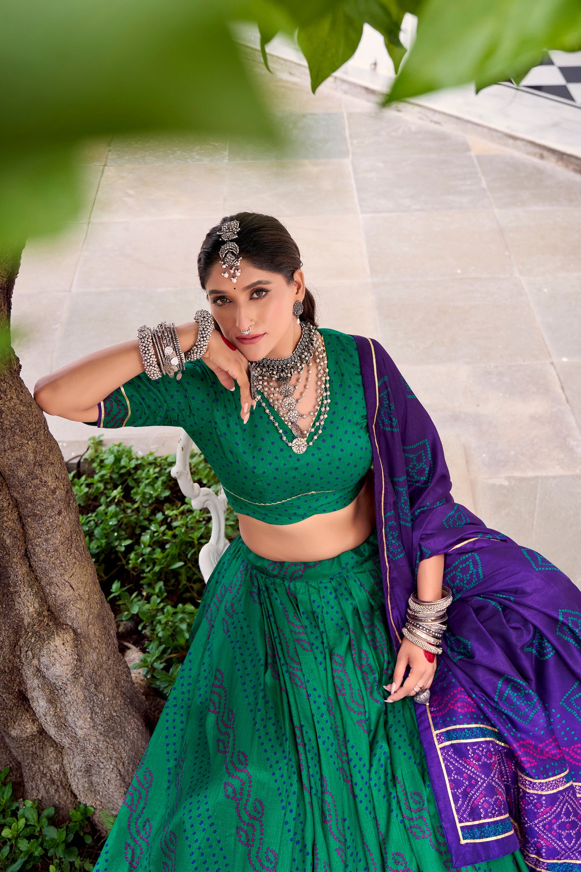 Lorenvalley Fashion Green Tasar Silk Bandhej Print With Gotta Patti Lace Touch Up Lehenga Choli with Dupatta - Swadesiicart