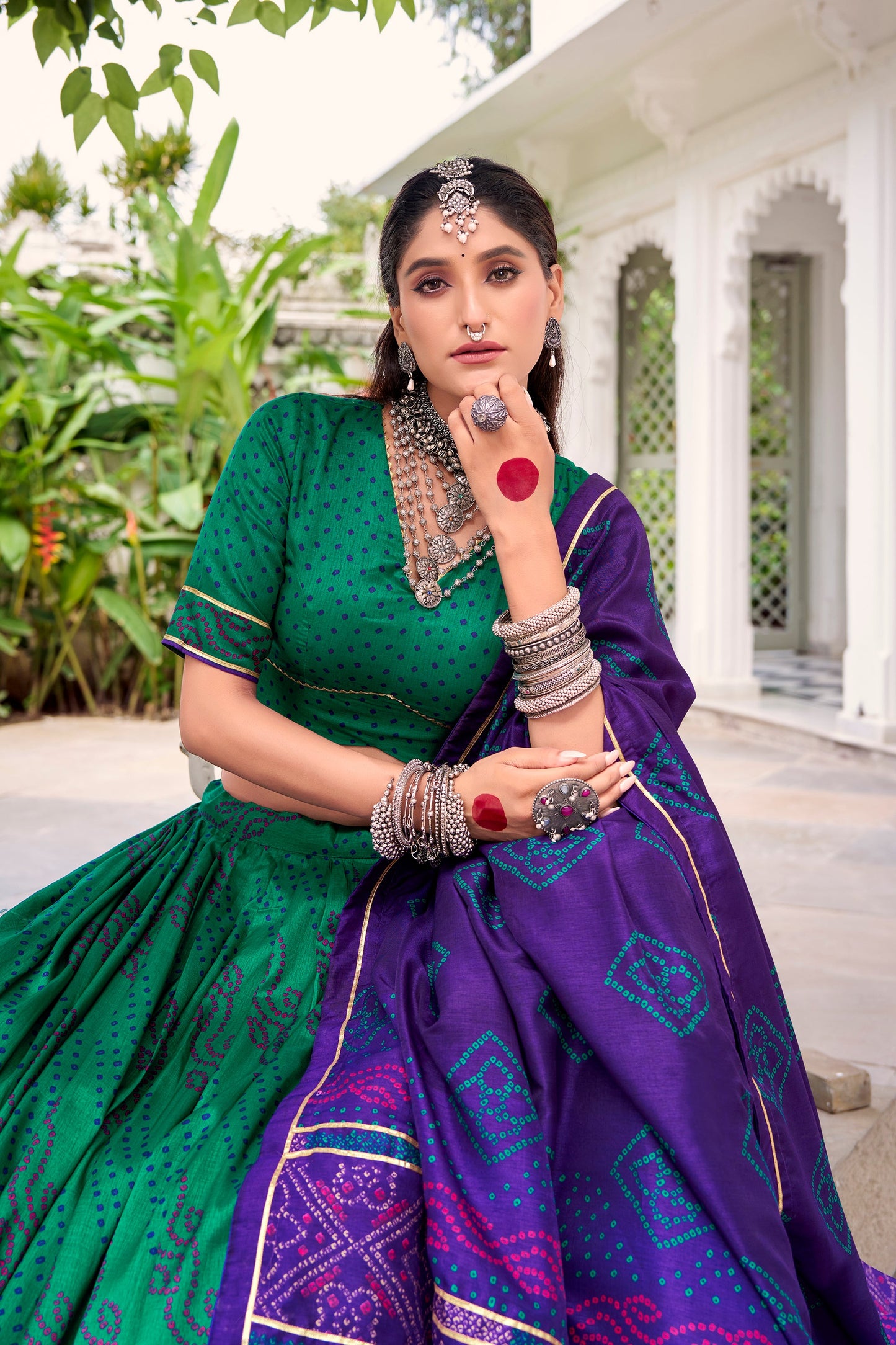 Lorenvalley Fashion Green Tasar Silk Bandhej Print With Gotta Patti Lace Touch Up Lehenga Choli with Dupatta - Swadesiicart