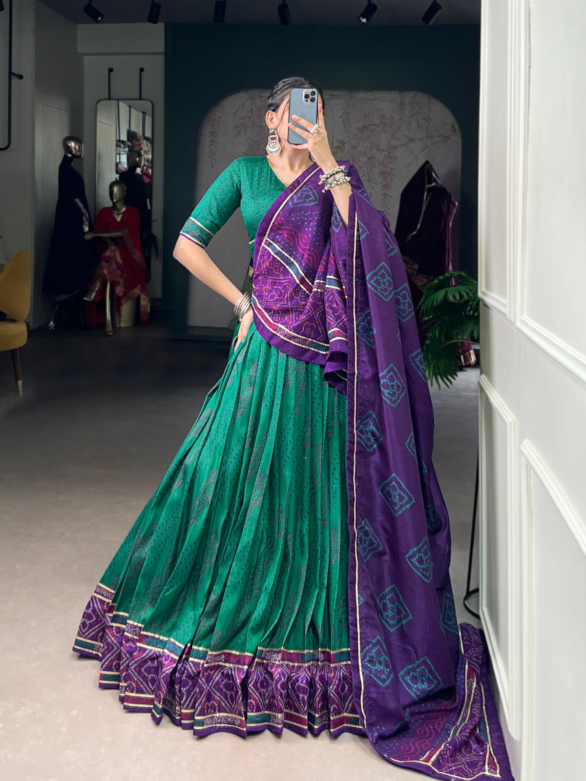 Lorenvalley Fashion Green Tasar Silk Bandhej Print With Gotta Patti Lace Touch Up Lehenga Choli with Dupatta - Swadesiicart