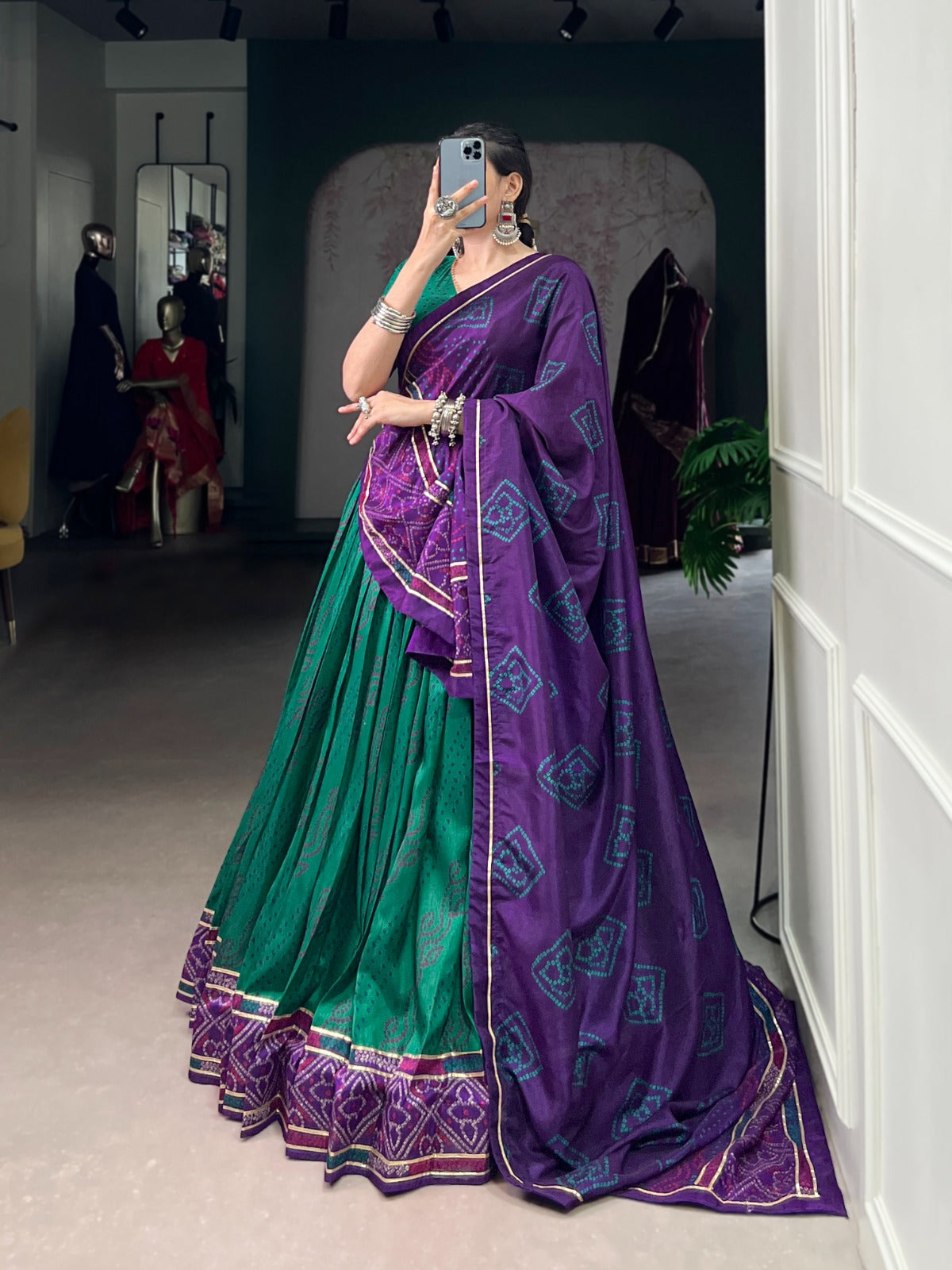 Lorenvalley Fashion Green Tasar Silk Bandhej Print With Gotta Patti Lace Touch Up Lehenga Choli with Dupatta - Swadesiicart
