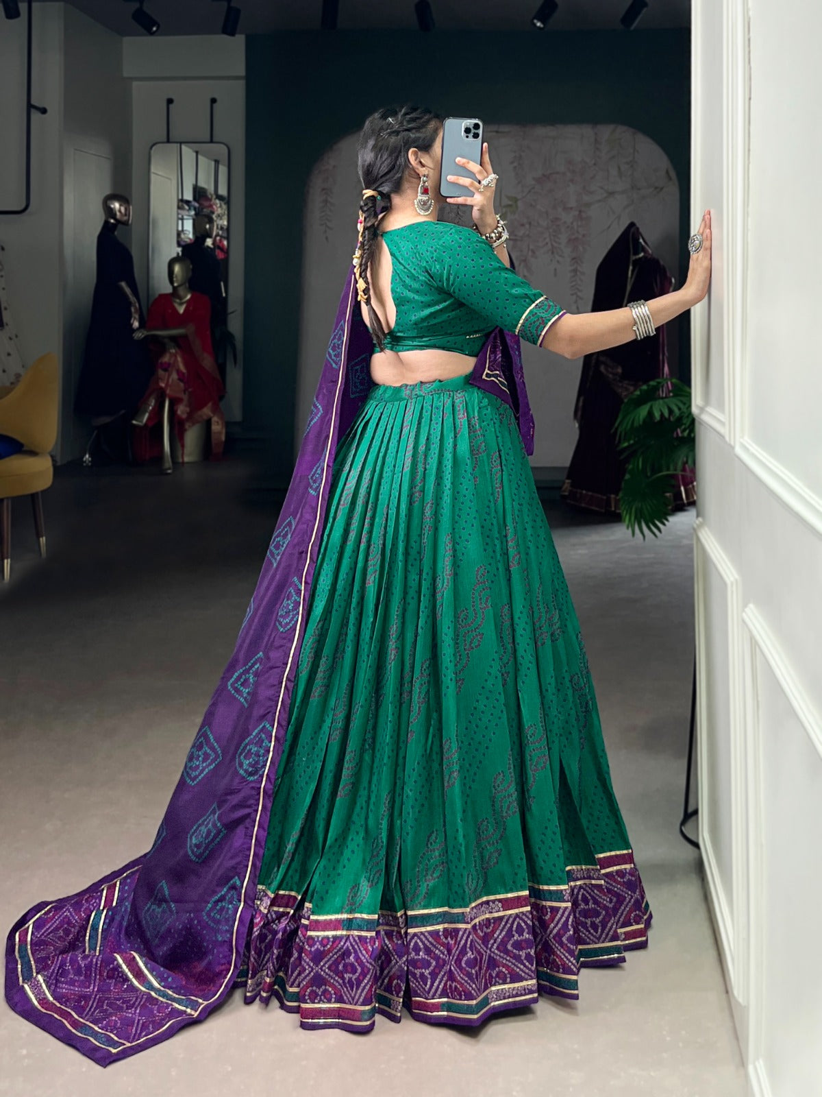 Lorenvalley Fashion Green Tasar Silk Bandhej Print With Gotta Patti Lace Touch Up Lehenga Choli with Dupatta - Swadesiicart