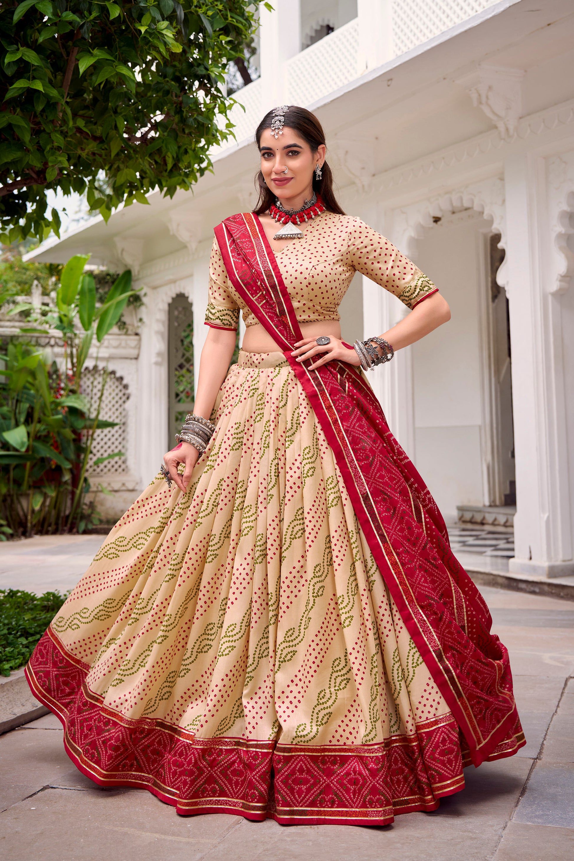 Lorenvalley Fashion Offwhite Tasar Silk Bandhej Print With Gotta Patti Lace Touch Up Lehenga Choli with Dupatta - Swadesiicart