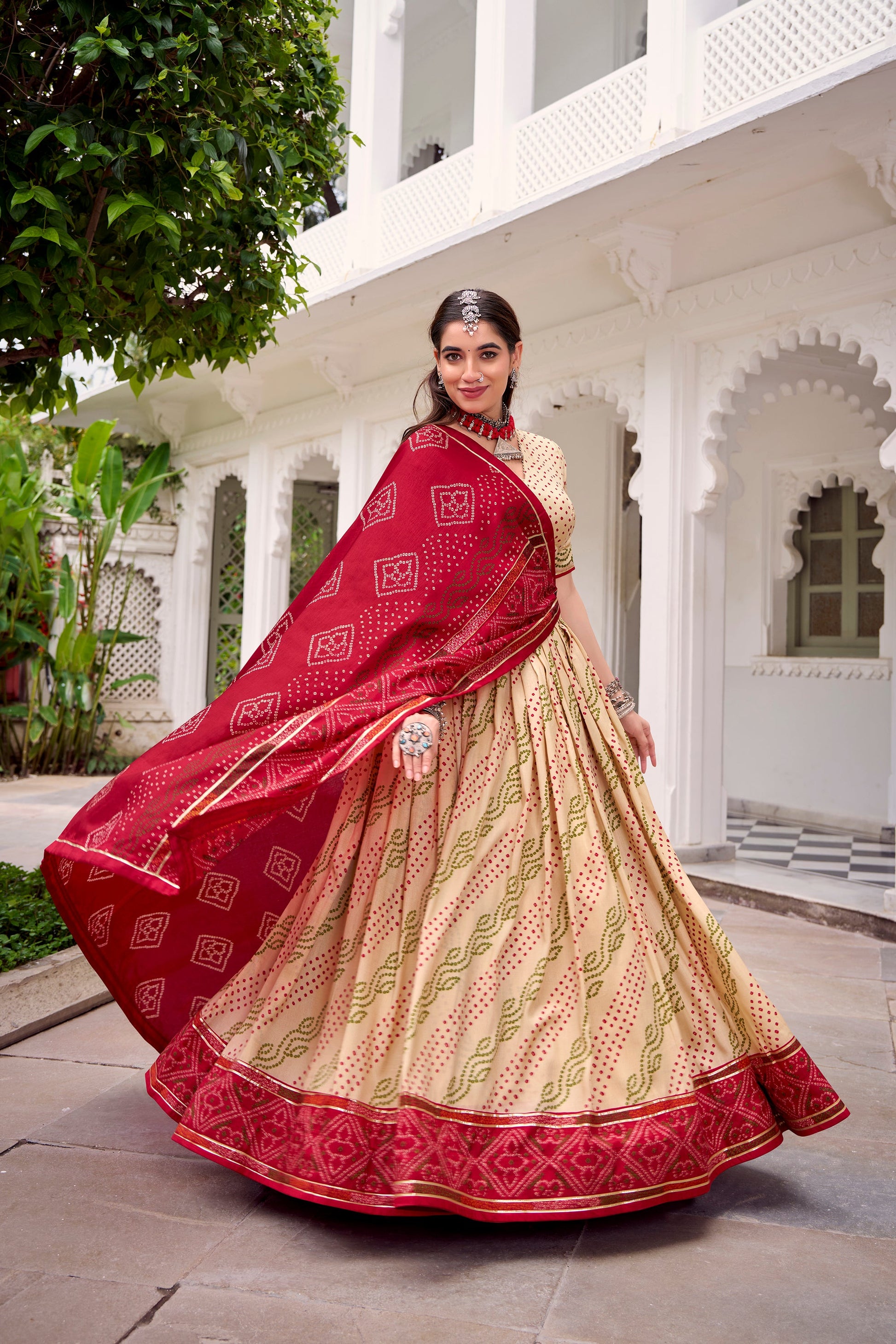 Lorenvalley Fashion Offwhite Tasar Silk Bandhej Print With Gotta Patti Lace Touch Up Lehenga Choli with Dupatta - Swadesiicart