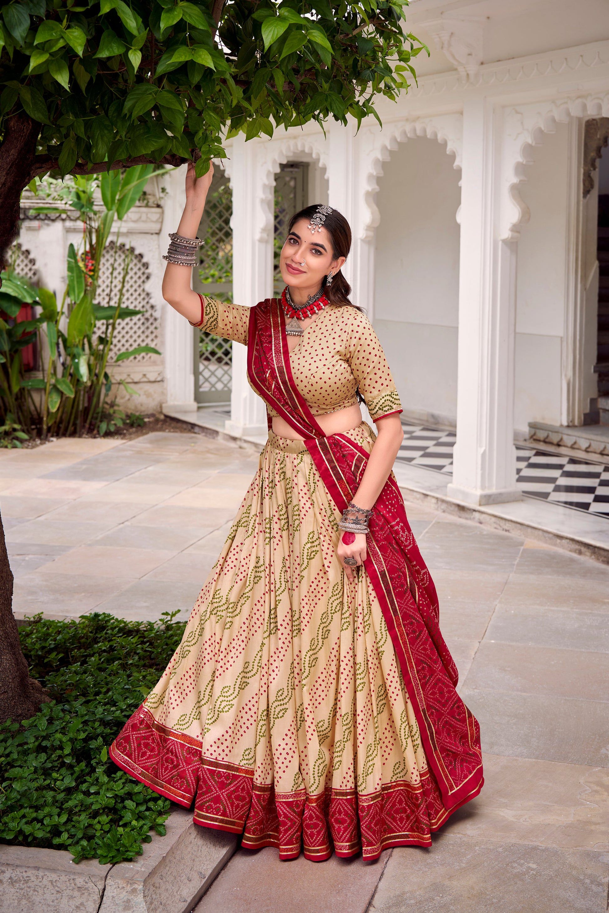 Lorenvalley Fashion Offwhite Tasar Silk Bandhej Print With Gotta Patti Lace Touch Up Lehenga Choli with Dupatta - Swadesiicart