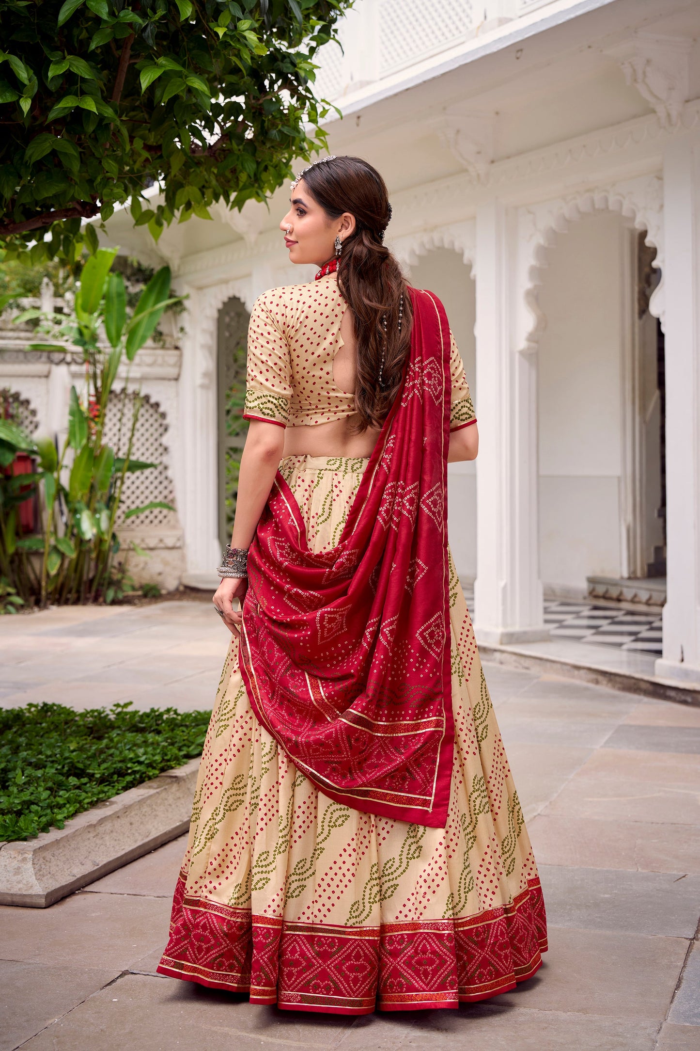 Lorenvalley Fashion Offwhite Tasar Silk Bandhej Print With Gotta Patti Lace Touch Up Lehenga Choli with Dupatta - Swadesiicart