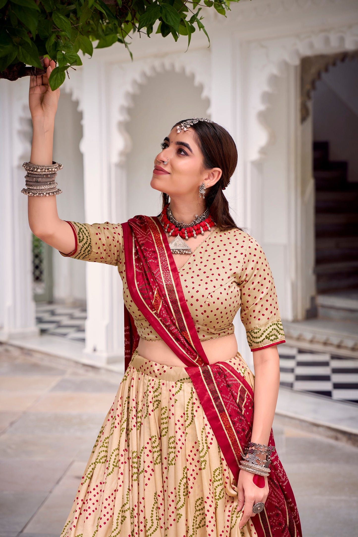 Lorenvalley Fashion Offwhite Tasar Silk Bandhej Print With Gotta Patti Lace Touch Up Lehenga Choli with Dupatta - Swadesiicart