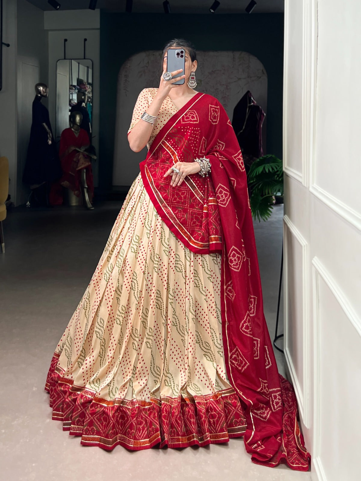 Lorenvalley Fashion Offwhite Tasar Silk Bandhej Print With Gotta Patti Lace Touch Up Lehenga Choli with Dupatta - Swadesiicart