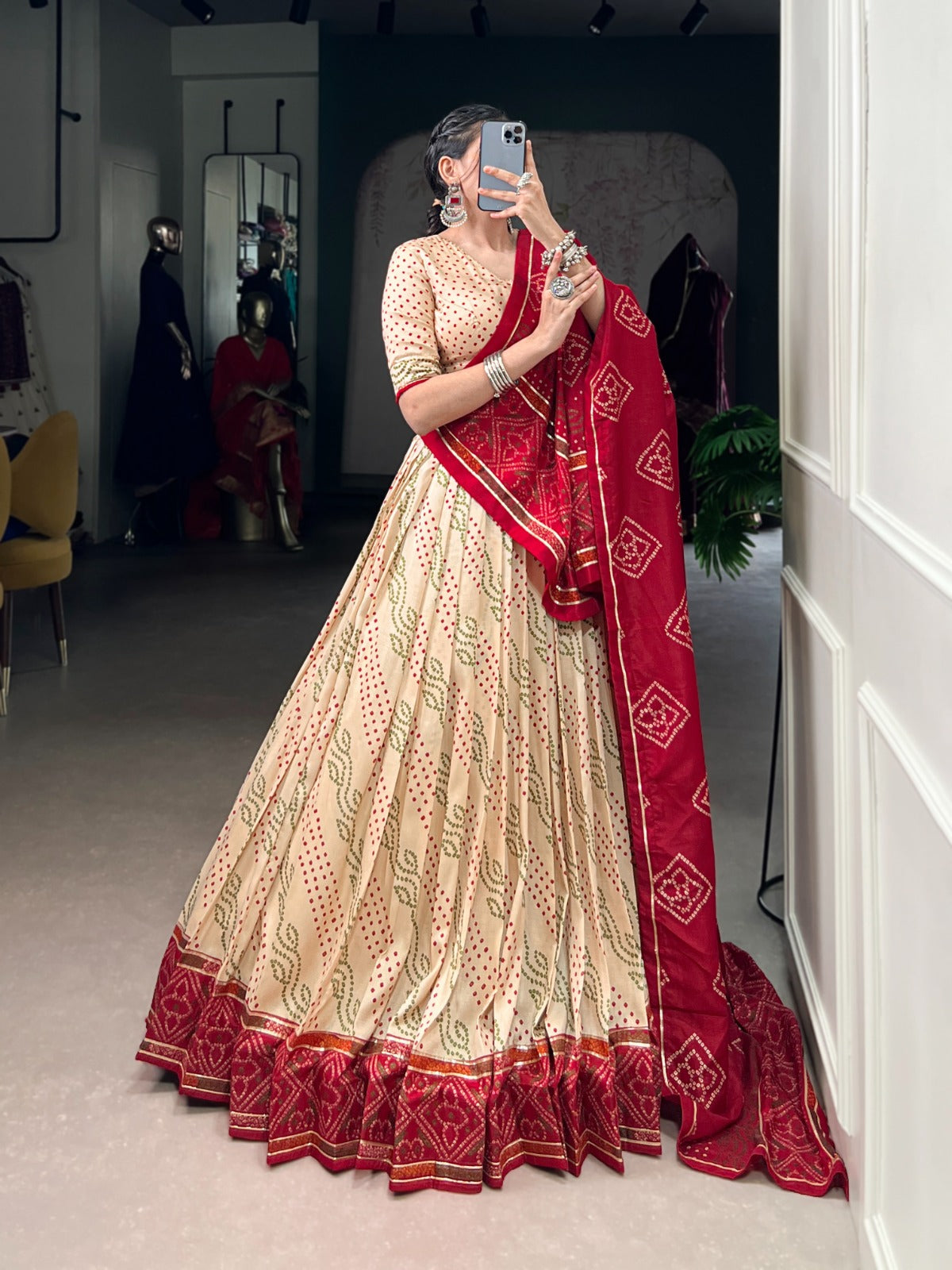 Lorenvalley Fashion Offwhite Tasar Silk Bandhej Print With Gotta Patti Lace Touch Up Lehenga Choli with Dupatta - Swadesiicart