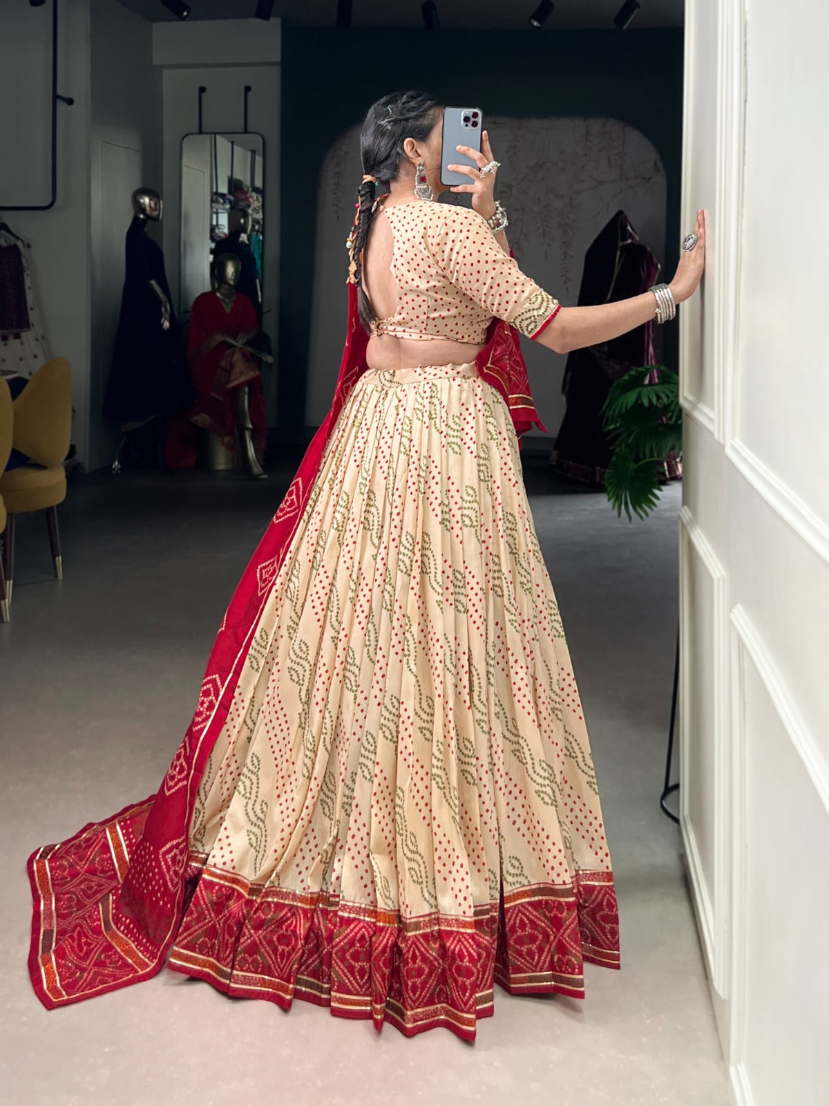 Lorenvalley Fashion Offwhite Tasar Silk Bandhej Print With Gotta Patti Lace Touch Up Lehenga Choli with Dupatta - Swadesiicart