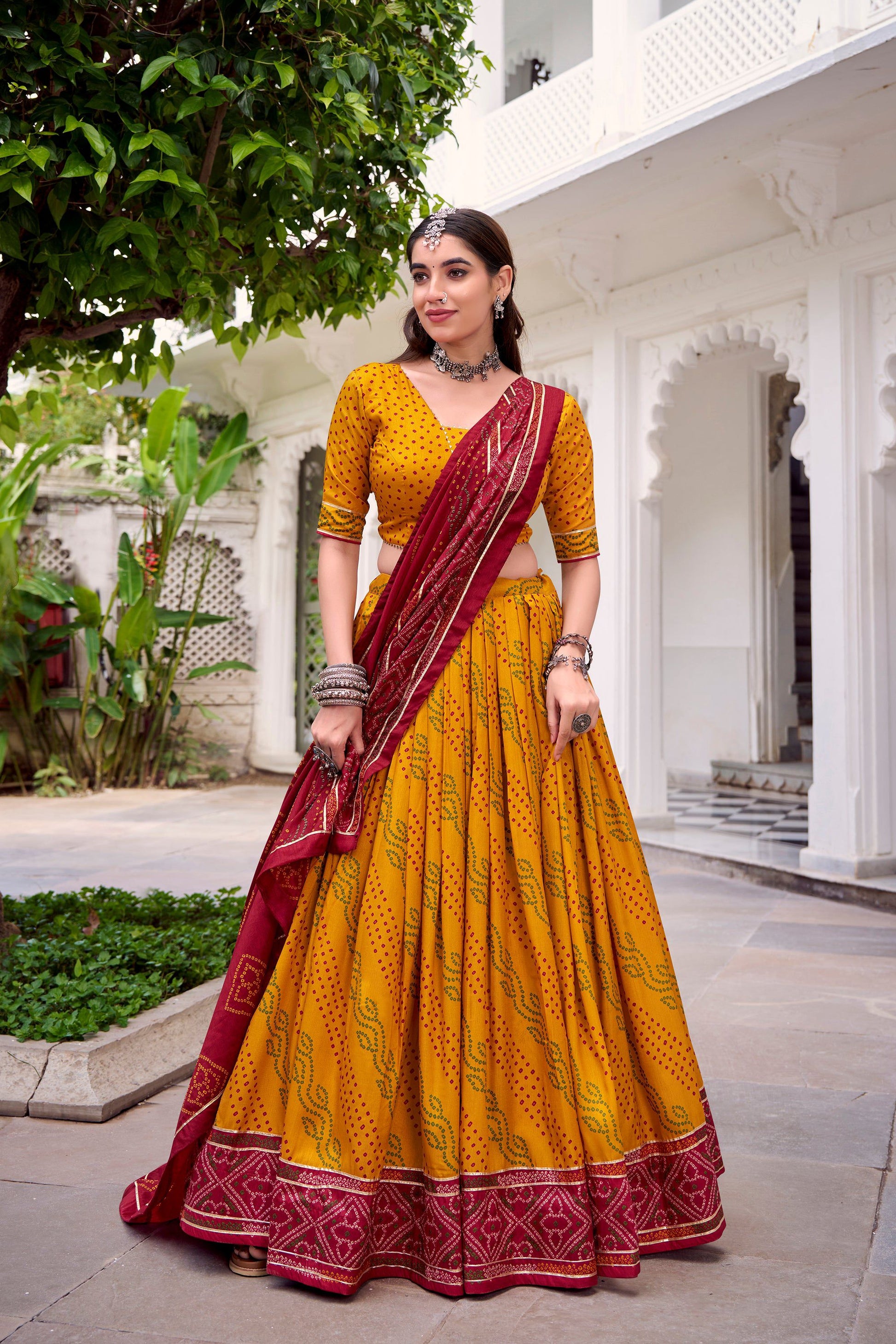 Lorenvalley Fashion Yellow Tasar Silk Bandhej Print With Gotta Patti Lace Touch Up Lehenga Choli with Dupatta - Swadesiicart