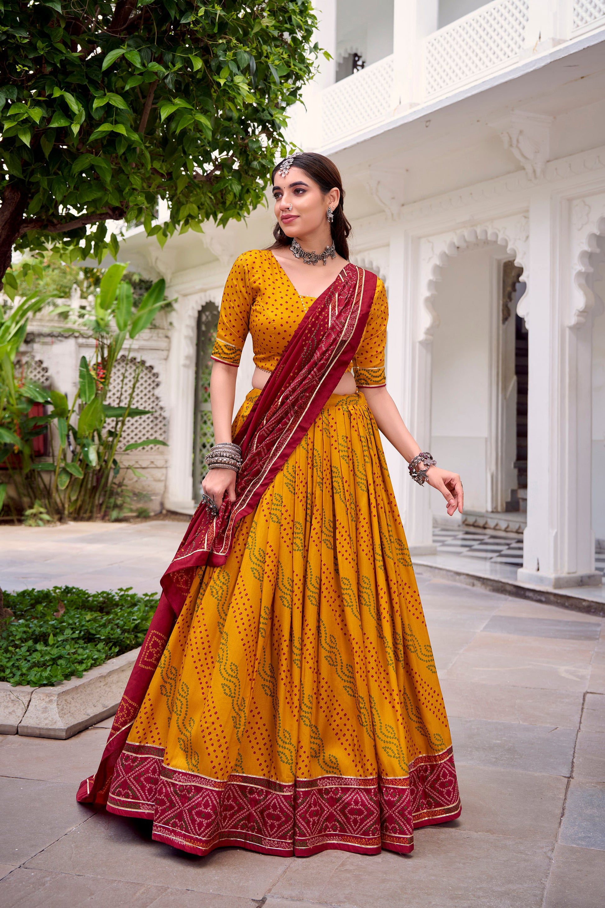 Lorenvalley Fashion Yellow Tasar Silk Bandhej Print With Gotta Patti Lace Touch Up Lehenga Choli with Dupatta - Swadesiicart