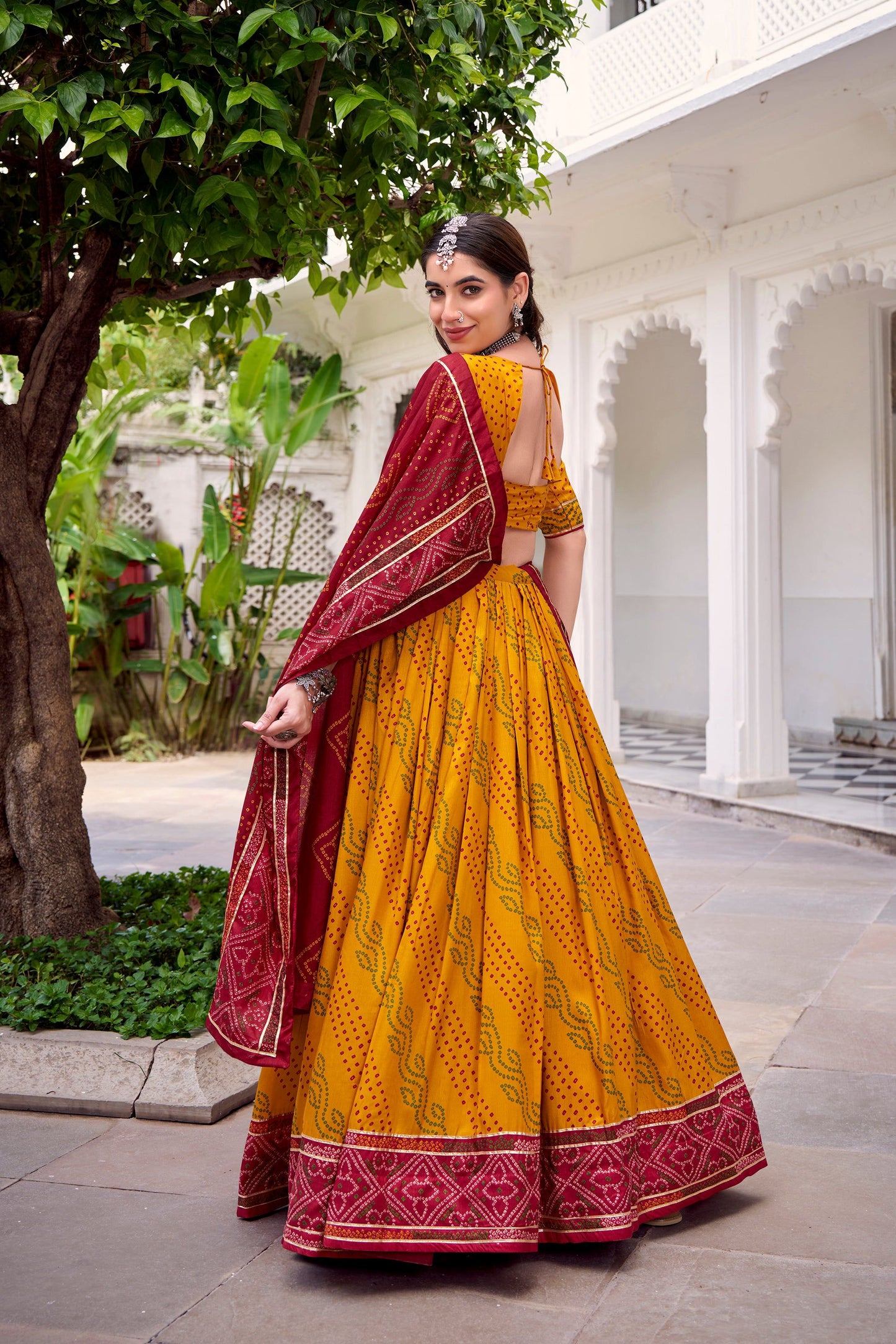 Lorenvalley Fashion Yellow Tasar Silk Bandhej Print With Gotta Patti Lace Touch Up Lehenga Choli with Dupatta - Swadesiicart