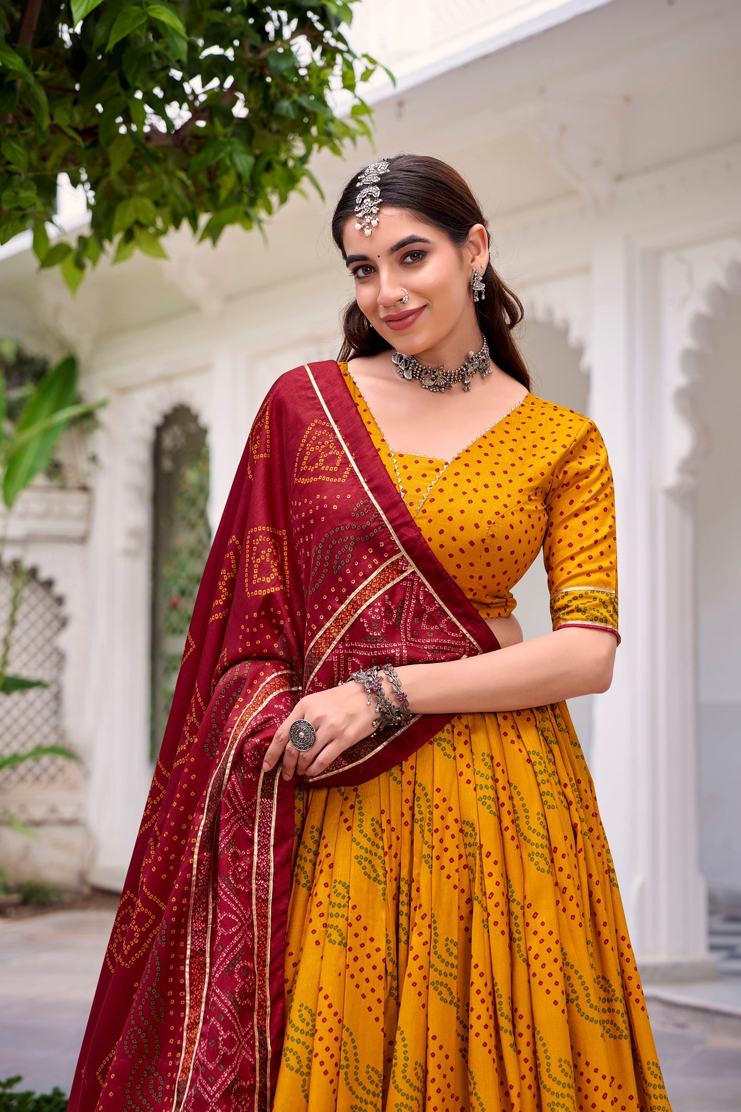 Lorenvalley Fashion Yellow Tasar Silk Bandhej Print With Gotta Patti Lace Touch Up Lehenga Choli with Dupatta - Swadesiicart