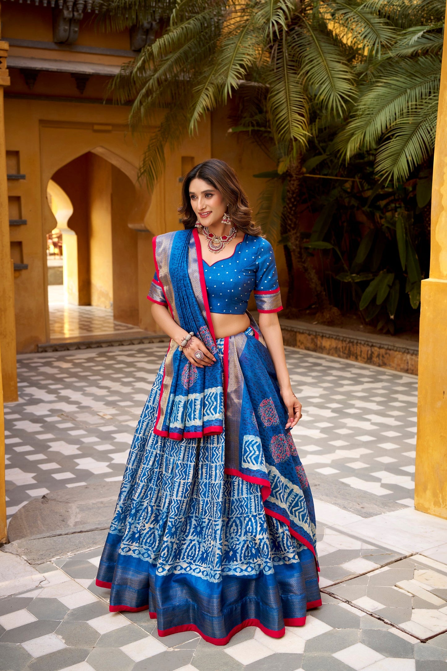 Lorenvalley Fashion Blue Dola Silk Batik Print with Zari Weaving Work Lehenga Choli with Dupatta - Swadesiicart