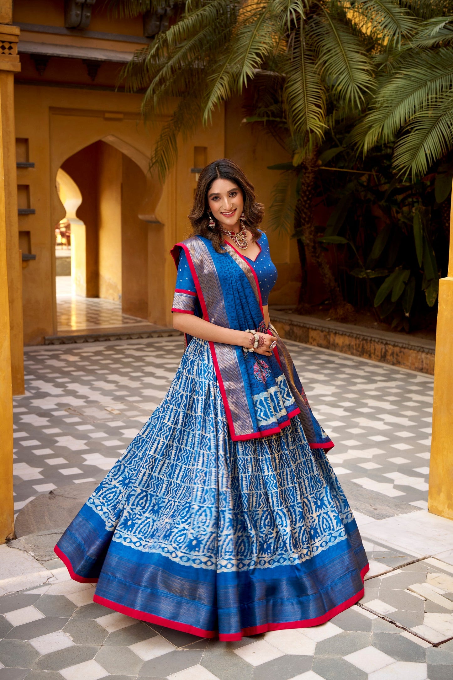 Lorenvalley Fashion Blue Dola Silk Batik Print with Zari Weaving Work Lehenga Choli with Dupatta - Swadesiicart